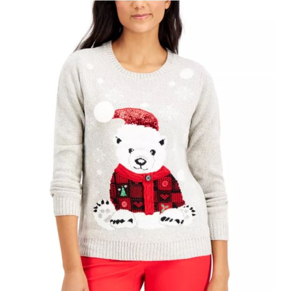 Christmas Sweater Embellished Polar Bear by Karen Scott Sz M